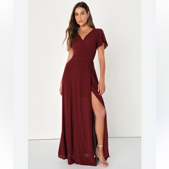 EUC Lulus Heart of Marigold Burgundy Wrap Maxi Dress Short Sleeve Size Large - Picture 1 of 12